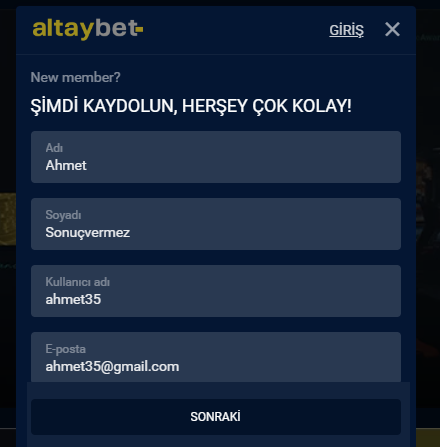 Altaybet kayıt işlemleri